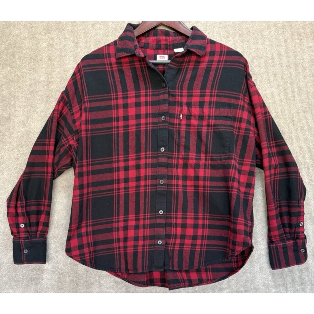 Levi’s Women's Red Size Large Plaid Flannel Long Sleeve Button Up Shirt Pockets